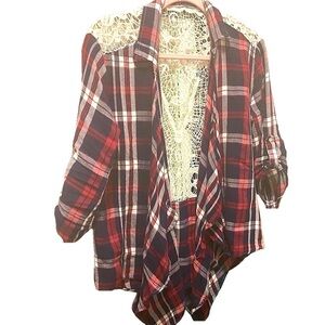 Red & Black Flannel White Crochet Lace  Back Tie Front Cardigan